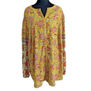 Belle Boho By Kim Gravel Womens 2X Boho Tunic Top Button Down Floral Puff Sleeve